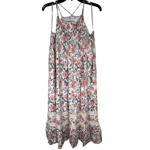 Altar State Floral Smocked Maxi Dress Coral Pink White Boho Spaghetti Strap Sz S
